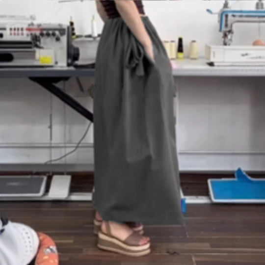 Damen Fließender Midirock mit hohem Smokbund, Bindeschleifen und Eingrifftaschen Shop Nory