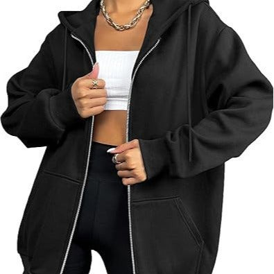 Damen nan oversized Zip-Kapuzenjacke mit kontrastierendem Reißverschluss, doppellagiger Kapuze und Kängurutasche Shop Nory
