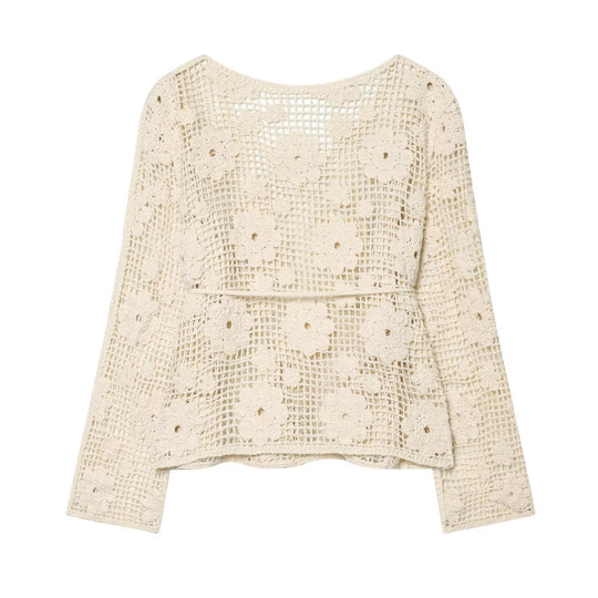 Damen Häkelpullover mit Blumen-Applikationen und Tunnelzug Shop Nory