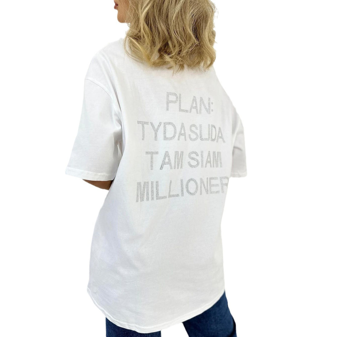 Damen oversized Statement-T-Shirt mit Strassschrift auf dem Rücken Shop Nory