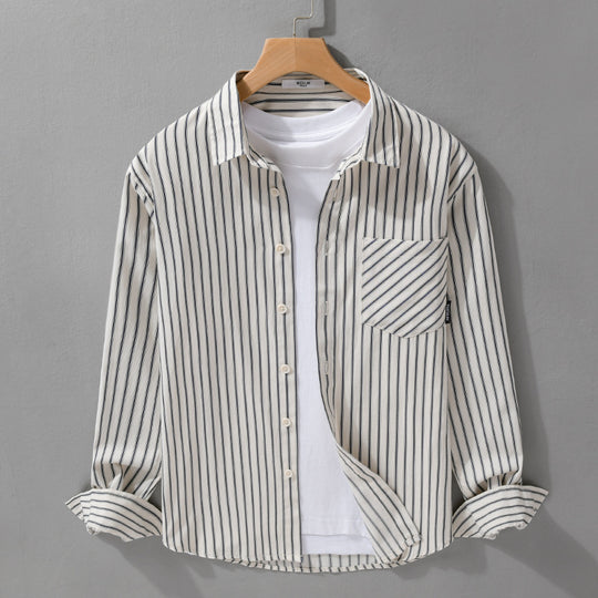 Herren Nadelstreifen-Langarm-Hemdjacke im Overshirt‑Stil aus leichtem Baumwollmix mit diagonaler Brusttasche Shop Nory