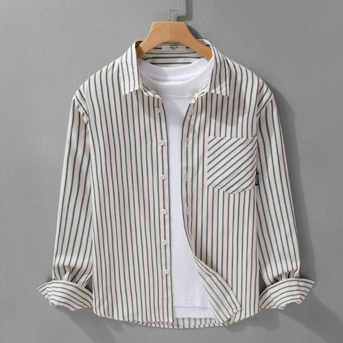 Herren Nadelstreifen-Langarm-Hemdjacke im Overshirt‑Stil aus leichtem Baumwollmix mit diagonaler Brusttasche Shop Nory