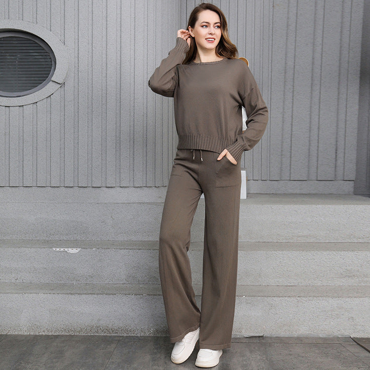 Damen gemütliches Strick-Loungewear-Set mit weitem Schnitt und praktischen Taschen Shopnory