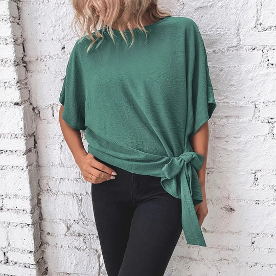 Damen Oversize Kurzarm-Top mit seitlicher Schleife und Crinkle-Struktur Shop Nory