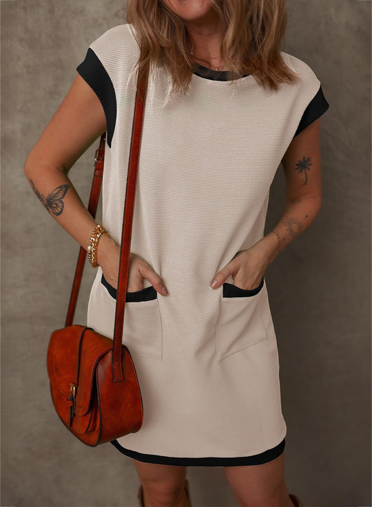 Damen Ärmelloses A-Linien-Shiftkleid mit Kontrastkanten, aufgesetzten Taschen und strukturierter Rippoptik Shop Nory
