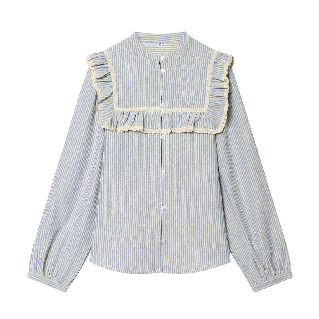 Damen Gestreifte Baumwollbluse mit quadratischer Brustpasse, Volant und Spitzenbesatz Shop Nory