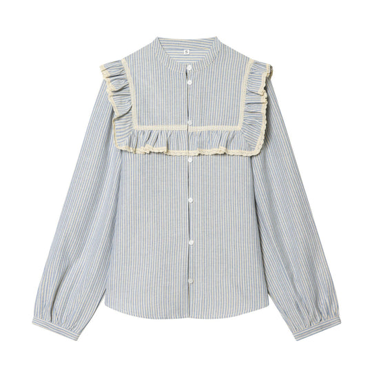 Damen Gestreifte Baumwollbluse mit quadratischer Brustpasse, Volant und Spitzenbesatz Shop Nory
