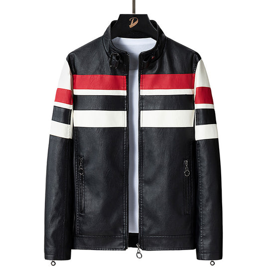 Herren Biker-Lederjacke im Racing-Look mit Kontraststreifen und Stehkragen Shop Nory