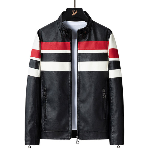 Herren Biker-Lederjacke im Racing-Look mit Kontraststreifen und Stehkragen Shop Nory