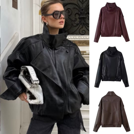 Damen Oversize Kunstlederjacke mit Hemdkragen und elastischem Saum Shop Nory