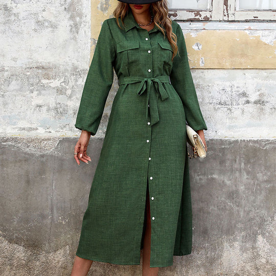 Damen Langärmeliges Hemdblusenkleid im Leinenlook mit Taillenbinder und Frontschlitz Shop Nory