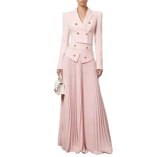 Damen Zweiteiliges tailliertes Kostüm mit Doppelreiher-Blazer und plissiertem Maxirock Shop Nory