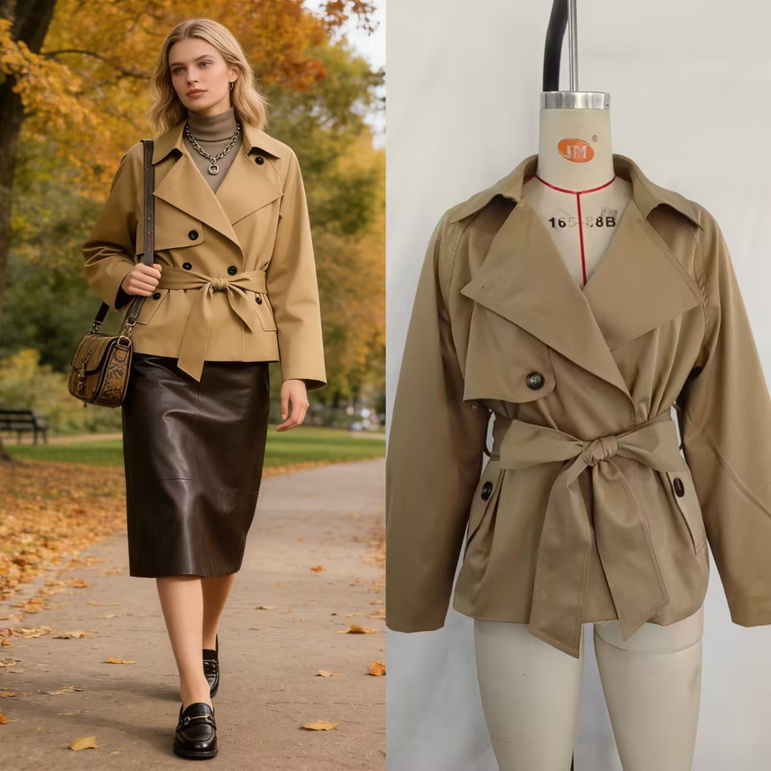 Damen Gekürzte Taillengürtel-Trenchjacke mit breitem Revers und Pattentaschen Shop Nory