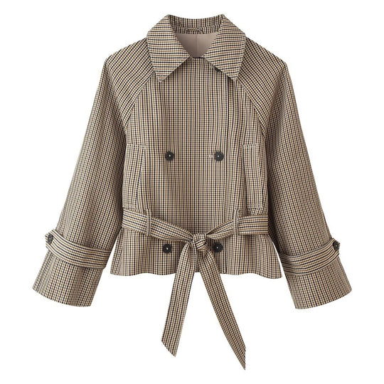 Damen Cropped Doppelreihige Karo‑Trenchjacke mit Taillenbindegürtel und ausgestellten Manschellen Shop Nory