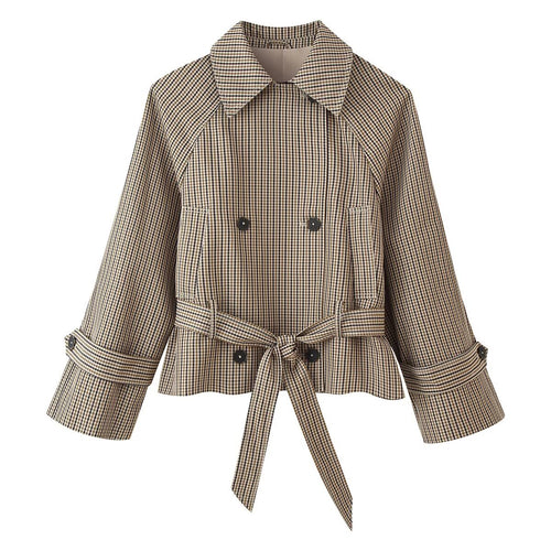 Damen Cropped Doppelreihige Karo‑Trenchjacke mit Taillenbindegürtel und ausgestellten Manschellen Shop Nory