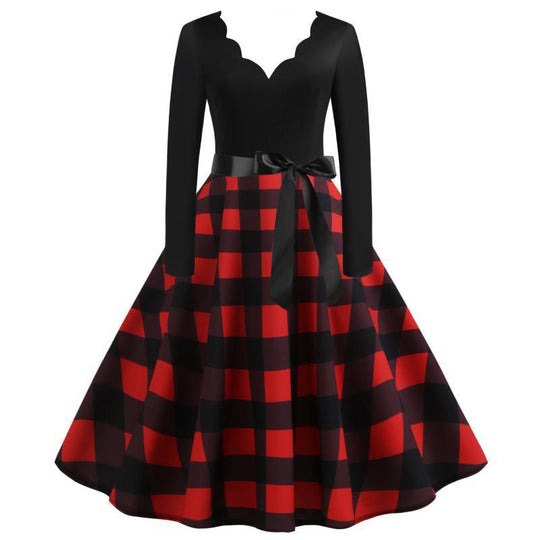 Damen Retro Swingkleid mit welligem V-Ausschnitt, tailliertem Satinbindegürtel und karierter Tellerrock Shop Nory