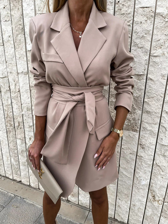 Damen elegantes Mikrokleid mit Gürtel und Taschen