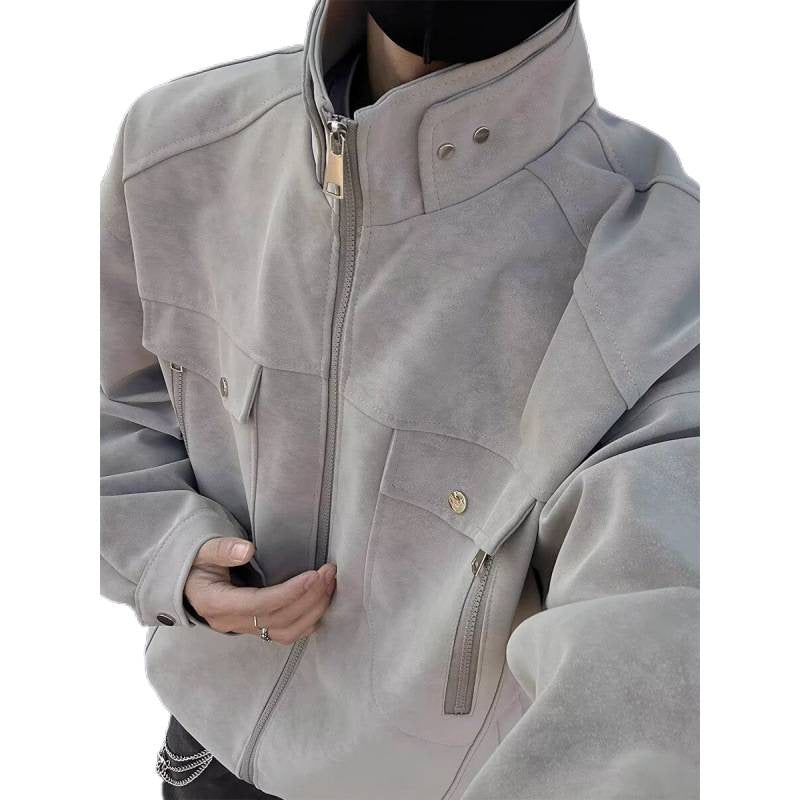 Herren Oversized Wildleder-Optik Utility-Jacke mit hohem Stehkragen Shop Nory