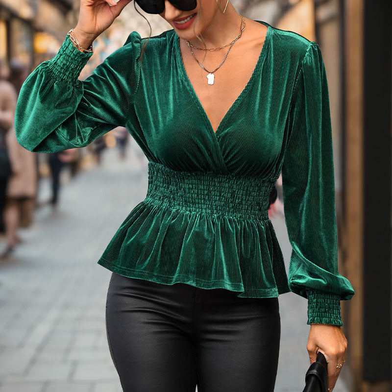 Damen Samt-Peplum-Top mit V-Ausschnitt, Smok-Taillenpartie und Ballonärmeln Shop Nory