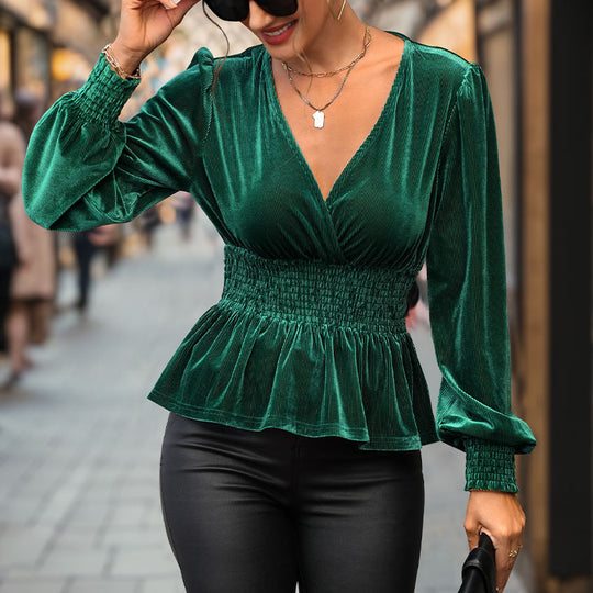 Damen Samt-Peplum-Top mit V-Ausschnitt, Smok-Taillenpartie und Ballonärmeln Shop Nory