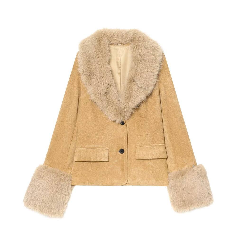 Damen Kurzjacke aus Veloursimitat mit voluminösem Schalkragen und Fellbündchen Shop Nory