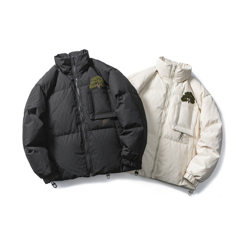 Unisex Kastig wattierte Stehkragenjacke mit Baum-Stickerei, Brustklappentasche und Kordelzugsaum Shop Nory
