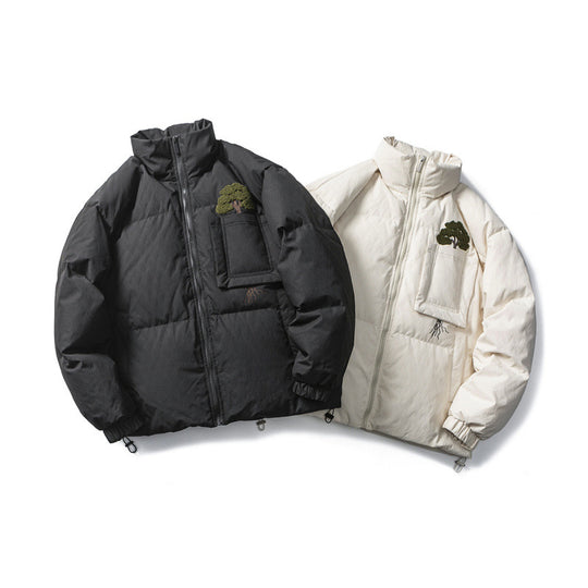 Unisex Kastig wattierte Stehkragenjacke mit Baum-Stickerei, Brustklappentasche und Kordelzugsaum Shop Nory