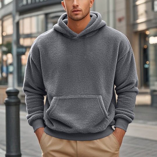 Herren Hoodie aus kuscheligem Teddy-Fleece mit Kängurutasche und breiten Bündchen