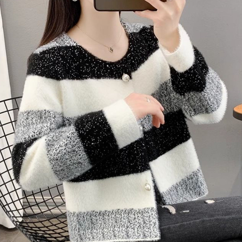 Damen Flauschiger Grobstrick-Cardigan mit Perlenknöpfen Shop Nory