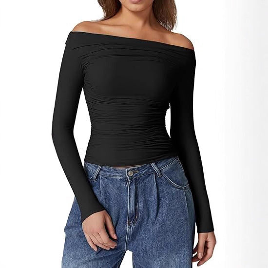 Damen Schulterfreies tailliertes Stretch-Longsleeve mit Raffung und figurbetonter Silhouette Shop Nory