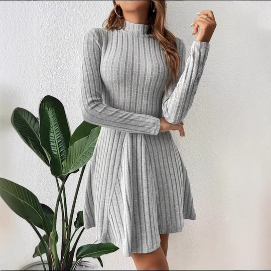 Damen Geripptes Strickkleid mit Stehkragen, taillierter A‑Linie und langen Ärmeln Shop Nory