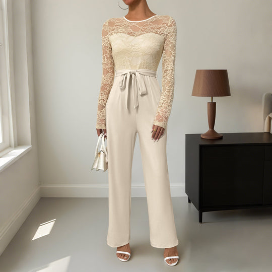 Damen Eleganter Jumpsuit mit Spitzenoberteil und tailliertem Bund