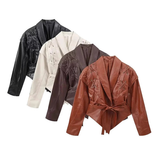 Damen Kurzjacke aus Wildlederoptik mit Wickelgürtel, Schalkragen und Schnürdetail Shop Nory