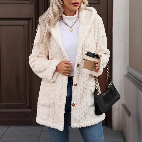 Damen Kuschelige Teddyjacke mit Kapuze, Knopfleiste und aufgesetzten Taschen Shop Nory