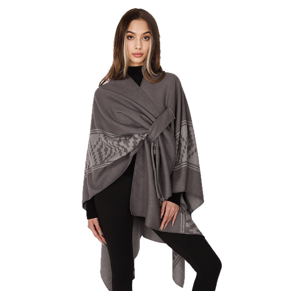 Damen Jacquard‑Ruana mit Bindegürtel und geometrischem Muster Shop Nory