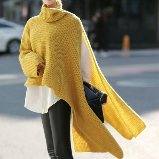 Damen Asymmetrischer Rollkragen-Poncho mit seitlichem Cape-Detail Shop Nory