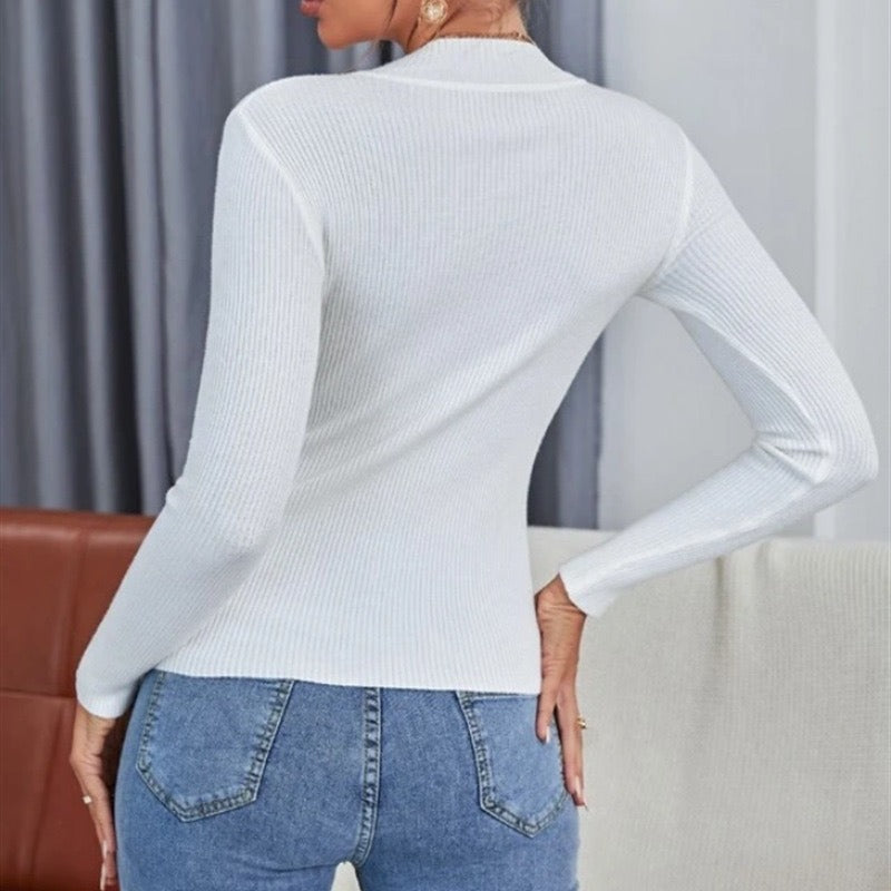 Damen Figurbetontes Ripp-Strickoberteil mit Stehkragen und langen Ärmeln Shop Nory