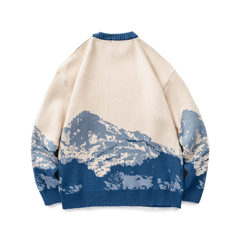 Unisex Oversize-Strickpullover mit Bergjacquard und geripptem Rundhalsausschnitt Shop Nory