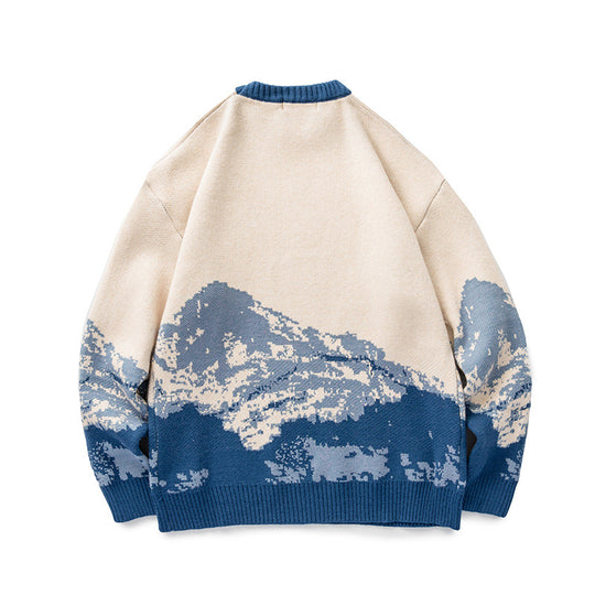 Unisex Oversize-Strickpullover mit Bergjacquard und geripptem Rundhalsausschnitt Shop Nory