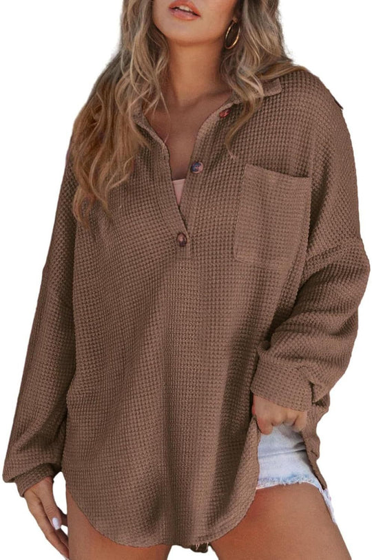 Damen Oversize Waffel-Strick Hemdtunika mit Brusttasche und Holzknöpfen Shop Nory