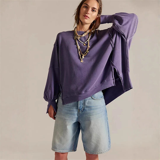 Damen oversized Sweatshirt mit Ballonärmeln, offenen Saumnähten und seitlichen Schlitzen Shop Nory