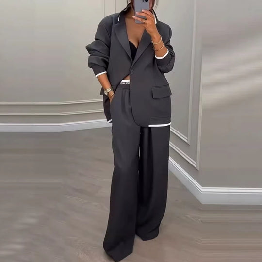 Damen Oversize-Tailoring-Set mit Kontrastpaspel, Single-Button-Blazer und hochgeschnittener Weitbeinhose Shop Nory