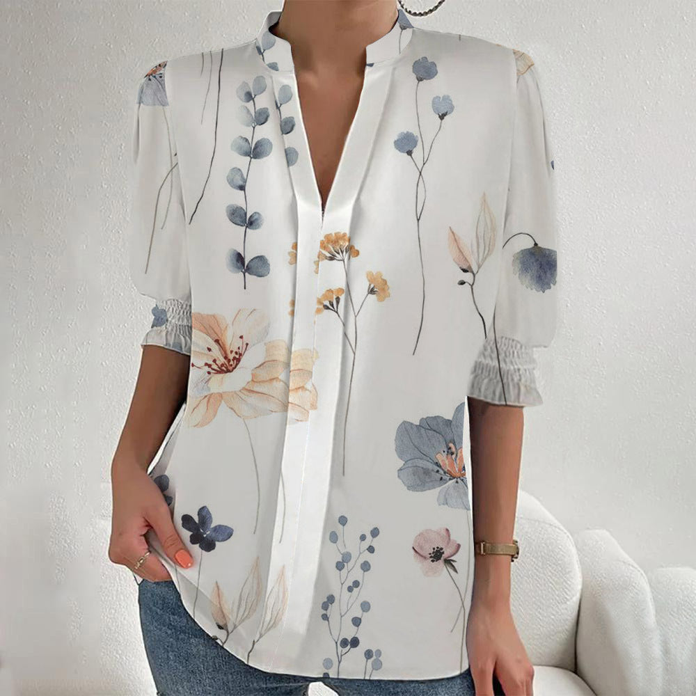 Damen Blumenprint Tunika-Bluse mit Stehkragen, geschlitzter V‑Blende und gerafften 3/4-Ärmeln Shop Nory
