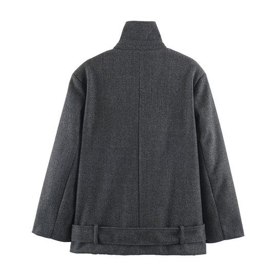 Herren Kurzer doppeltreihiger Wollmantel mit Stehkragen und Taillengürtel Shop Nory