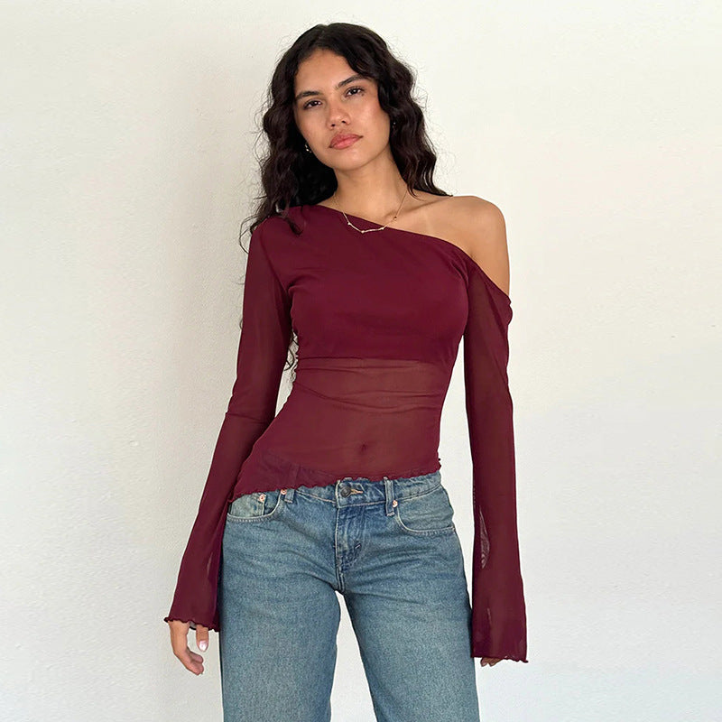 Damen asymmetrisches Langarmshirt mit transparenten Ärmeln und figurbetonter Silhouette