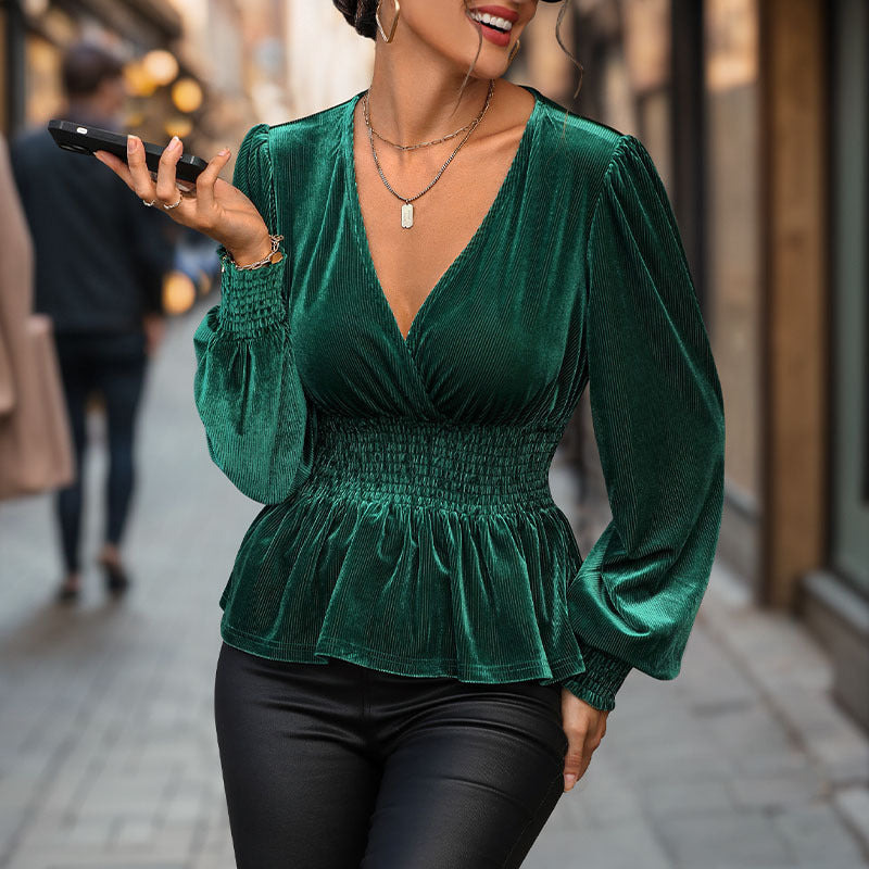Damen Samt-Peplum-Top mit V-Ausschnitt, Smok-Taillenpartie und Ballonärmeln Shop Nory