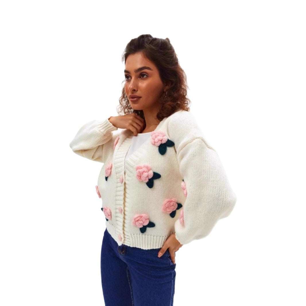 Damen Kuschelige Strickjacke mit Blumenapplikationen Shop Nory