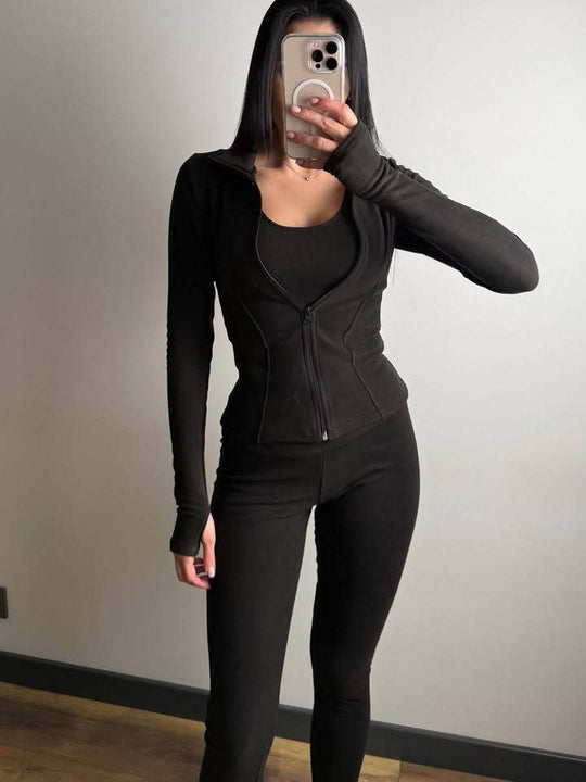 Damen Figurbetontes Freizeit-Set mit Reißverschlussjacke und taillenhohen Leggings aus Stretch mit Daumenlöchern Shop Nory