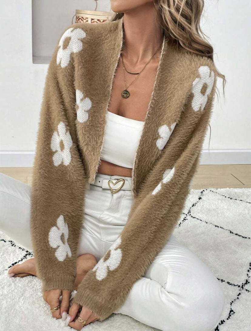 Damen Flauschiger Cardigan mit Blumenmuster