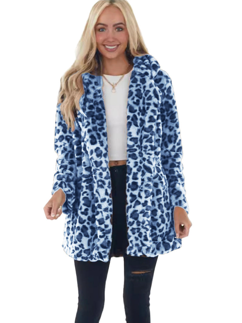 Damen Kunstfell Leopardenmuster Kapuzen Plüsch Mid-Length Mantel Shop Nory